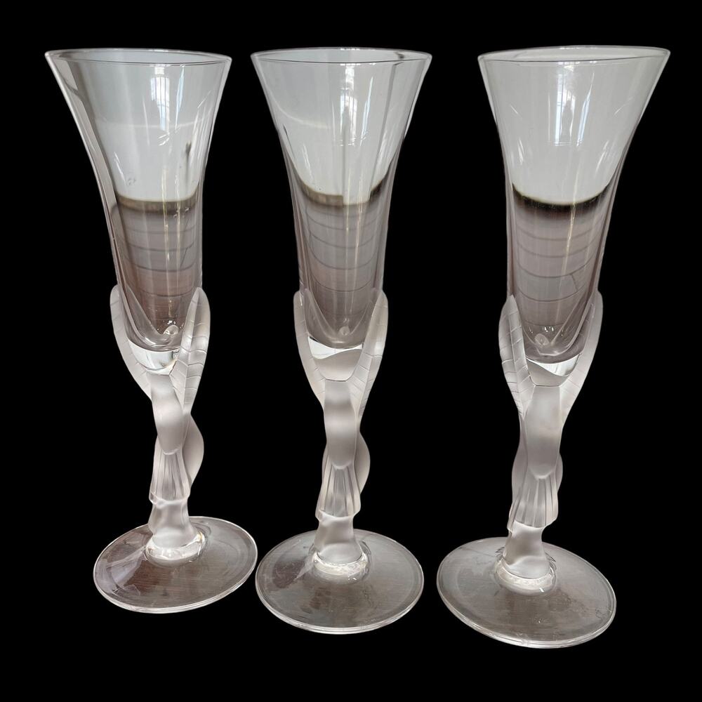 Igor Carl Faberge Crystal Flute Glasses Frosted Kissing Doves Aperitif France